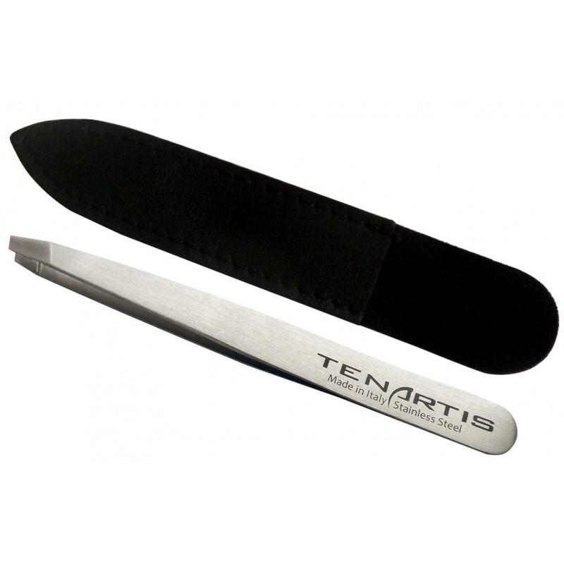 Slant Stainless Steel Hair Tweezers with Leather Case - Tenartis Made in Italy