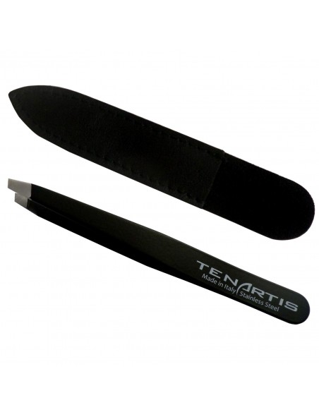 Slant Stainless Steel Hair Tweezers with Leather Case - Tenartis Made in Italy