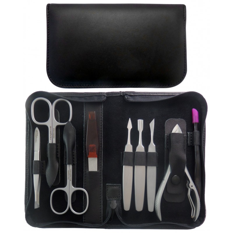 Stainless Steel 9-Piece Genuine Leather Professional Manicure and Pedicure Set with Zipper - Tenartis Made in Italy