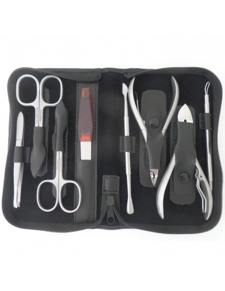 Set Manicure e Pedicure Professionale 8 Pezzi Inox in Vera Pelle Nero con Cerniera - Tenartis Made in Italy