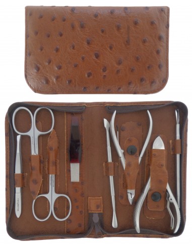Set Manicure e Pedicure Professionale 8 Pezzi Inox in Vera Pelle Marrone con Cerniera - Tenartis Made in Italy