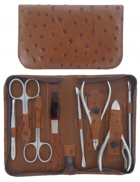 Set Manicure e Pedicure Professionale 8 Pezzi Inox in Vera Pelle Marrone con Cerniera - Tenartis Made in Italy