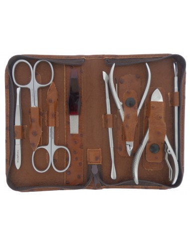 Set Manicure e Pedicure Professionale 8 Pezzi Inox in Vera Pelle Marrone con Cerniera - Tenartis Made in Italy