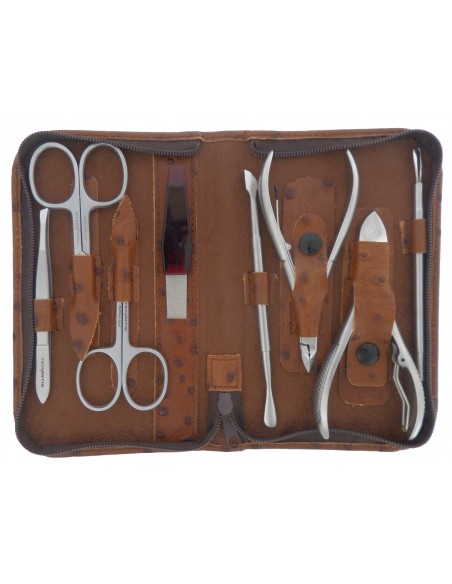 Set Manicure e Pedicure Professionale 8 Pezzi Inox in Vera Pelle Marrone con Cerniera - Tenartis Made in Italy