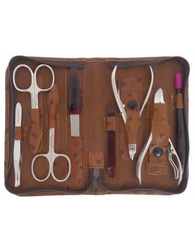 Set Manicure e Pedicure Professionale 8 Pezzi in Vera Pelle Marrone con Cerniera - Tenartis Made in Italy