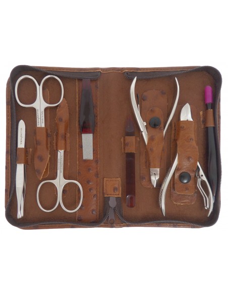Set Manicure e Pedicure Professionale 8 Pezzi in Vera Pelle Marrone con Cerniera - Tenartis Made in Italy