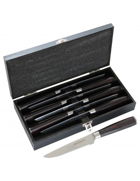 6 Stück Steakmesser 12,5 cm mit Wellenschliff und Holzgriff - Tenartis Professional