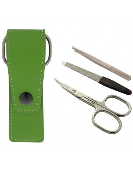 Set Manucure 3 pièces en Cuir avec Ciseaux à Ongles, Lime et Pince à Épiler - Tenartis Fabriqué en Italie (Vert)