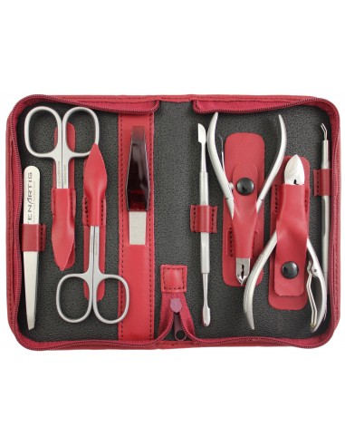 Set Manicure e Pedicure Professionale 8 Pezzi Inox in Vera Pelle Bordeaux con Cerniera - Tenartis Made in Italy