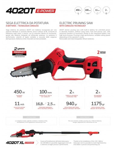 Cordless Pruning Saw with 450 W Brushless Motor - Falket 4020T E-Power