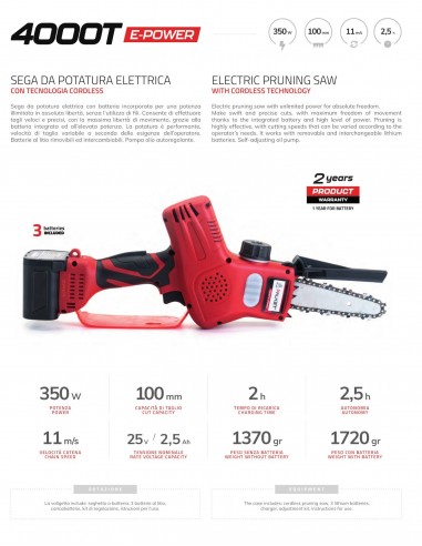 Motosierra Electrica Profesional para Ramas con Batería y Motor sin Escobillas 350 W - Falket 4000T E-Power