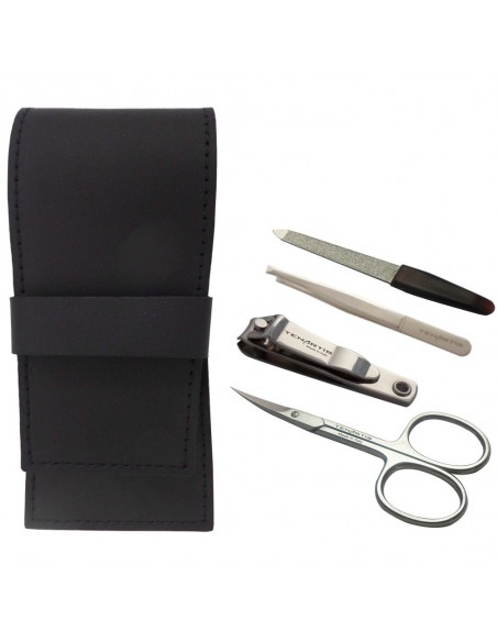 Kit Manicure Nero 4 Pezzi in Vera Pelle con Tagliaunghie - Tenartis Made in Italy