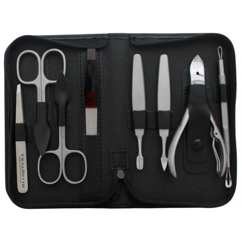 Stainless Steel 8-Piece Genuine Leather Professional Manicure and Pedicure Set with Zipper - Tenartis Made in Italy