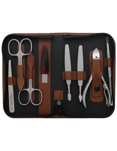 Set Manucure et Pedicure Professionnel 8 pièces Inox en Cuir avec Fermeture à Glissière - Tenartis Fabriqué en Italie