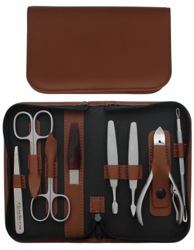 Set Manucure et Pedicure Professionnel 8 pièces Inox en Cuir avec Fermeture à Glissière - Tenartis Fabriqué en Italie