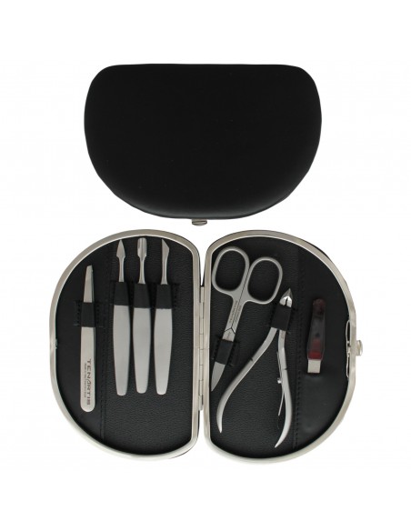 Black Stainless Steel 7-Piece Genuine Leather Manicure Set - Tenartis Made in Italy