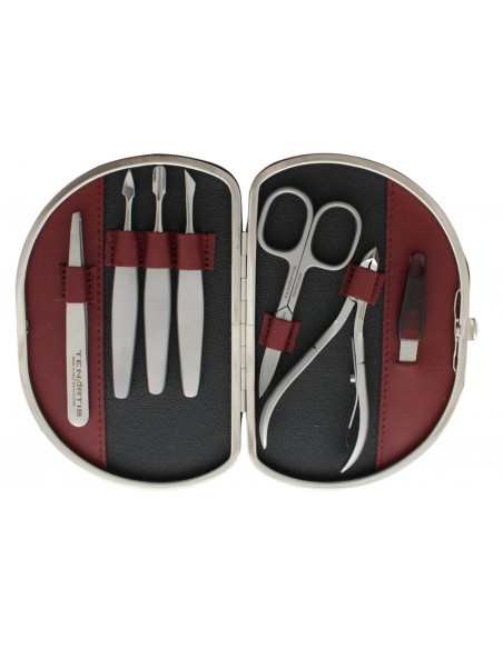 Set Manicure 7 Pezzi Inox in Vera Pelle Bordeaux - Tenartis Made in Italy