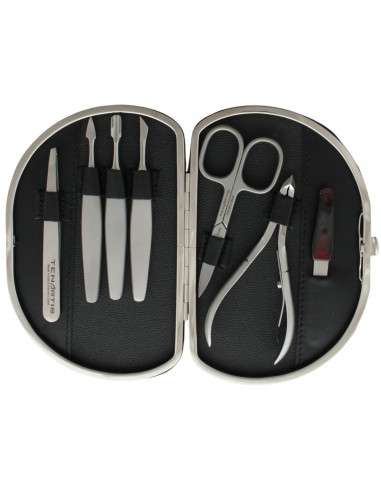 Black Stainless Steel 7-Piece Genuine Leather Manicure Set - Tenartis Made in Italy