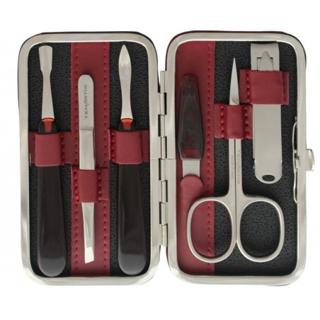 6-Piece Burgundy Genuine Leather Manicure Set with Nail Clipper - Tenartis Made in Italy