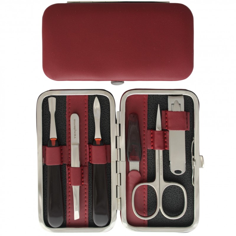 Set Manucure 6 pièces en Cuir Bordeaux avec Coupe-ongles - Tenartis Fabriqué en Italie