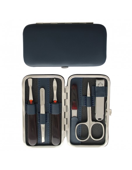 6 teiliges Maniküre Etui aus echtem Leder Blau mit Nagelknipser - Tenartis Made in Italy