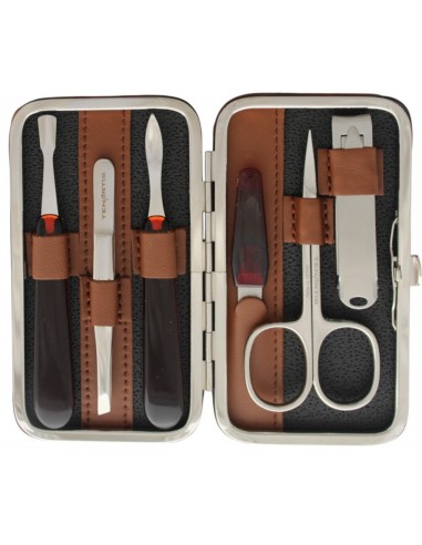 6-Piece Brown Genuine Leather Manicure Set with Nail Clipper - Tenartis Made in Italy
