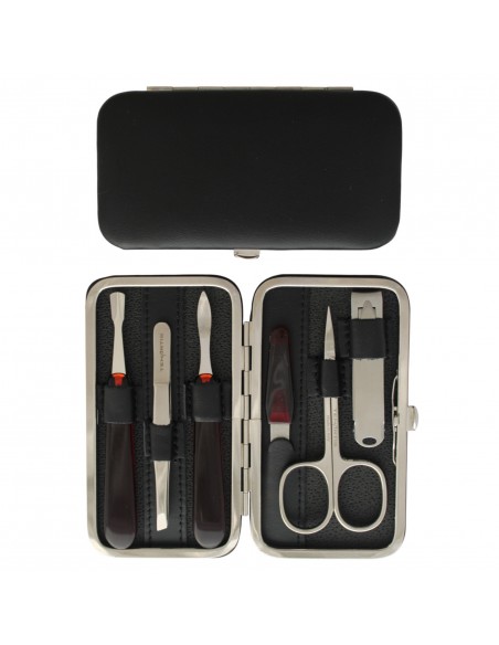 6-Piece Black Genuine Leather Manicure Set with Nail Clipper - Tenartis Made in Italy