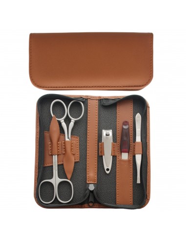 5-Piece Stainless Steel Brown Genuine Leather Manicure Set with Nail Clipper and Zipper - Tenartis Made in Italy
