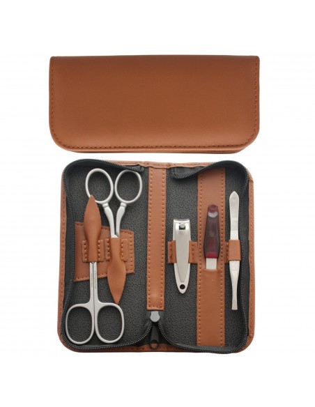 Set Manucure 5 pièces Inox en Cuir avec Coupe Ongles et Fermeture à Glissière Marron - Tenartis Fabriqué en Italie