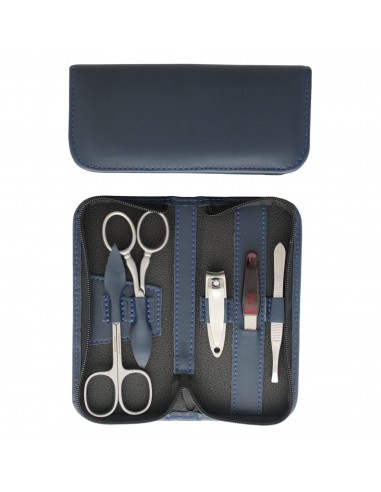 Set Manucure 5 pièces Inox en Cuir avec Coupe Ongles et Fermeture à Glissière Bleu - Tenartis Fabriqué en Italie