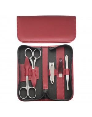 5-Piece Stainless Steel Burgundy Genuine Leather Manicure Set with Nail Clipper and Zipper - Tenartis Made in Italy