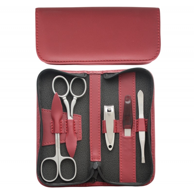 Set Manucure 5 pièces Inox en Cuir avec Coupe Ongles et Fermeture à Glissière Bordeaux - Tenartis Fabriqué en Italie