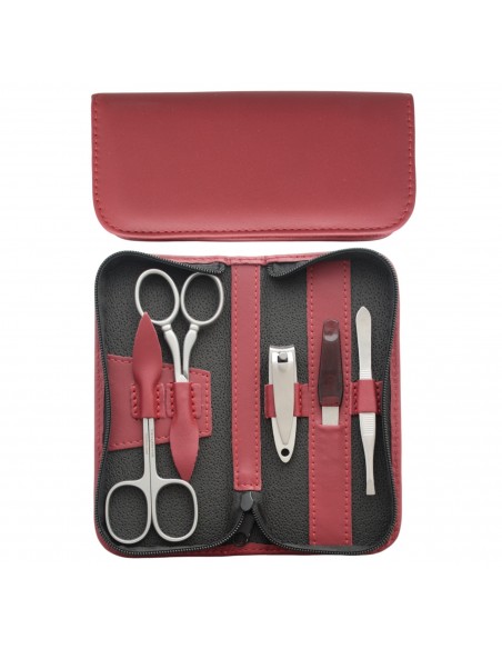 5-Piece Stainless Steel Burgundy Genuine Leather Manicure Set with Nail Clipper and Zipper - Tenartis Made in Italy