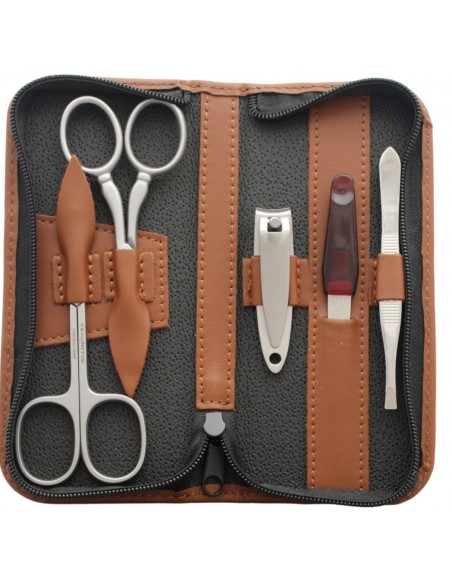 Set Manicure 5 Pezzi Inox con Tagliaunghie in Vera Pelle Marrone con Cerniera - Tenartis Made in Italy