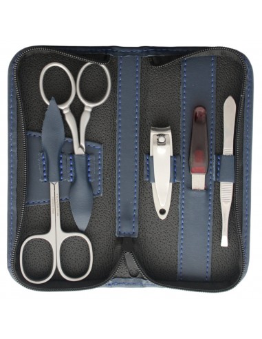 Set Manucure 5 pièces Inox en Cuir avec Coupe Ongles et Fermeture à Glissière Bleu - Tenartis Fabriqué en Italie