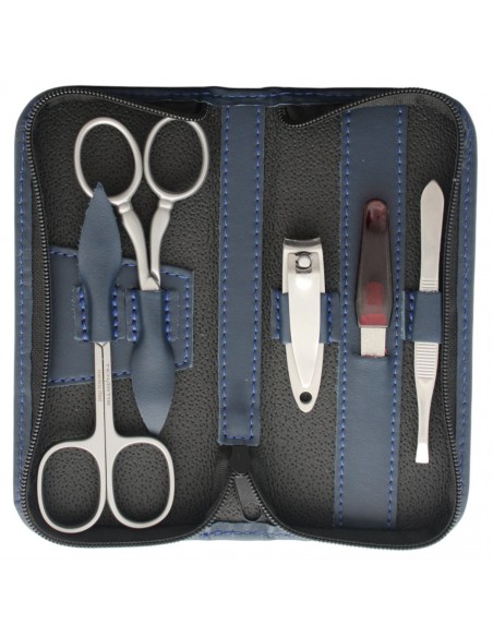 Set Manucure 5 pièces Inox en Cuir avec Coupe Ongles et Fermeture à Glissière Bleu - Tenartis Fabriqué en Italie