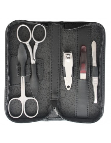 5 teiliges Maniküre Etui aus echtem Leder mit Nagelknipser und Reißverschluss, rostfrei , schwarz - Tenartis Made in Italy
