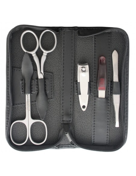 5 teiliges Maniküre Etui aus echtem Leder mit Nagelknipser und Reißverschluss, rostfrei , schwarz - Tenartis Made in Italy