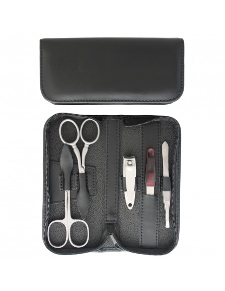 5 teiliges Maniküre Etui aus echtem Leder mit Nagelknipser und Reißverschluss, rostfrei , schwarz - Tenartis Made in Italy