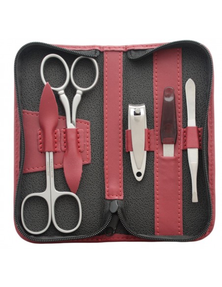 Set Manucure 5 pièces Inox en Cuir avec Coupe Ongles et Fermeture à Glissière Bordeaux - Tenartis Fabriqué en Italie