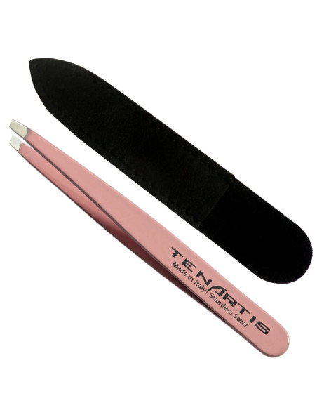 Augenbrauen Farbige Pinzette aus rostfreiem Edelstahl, schräge PlasticFree mit umweltfreundlich Lederetui - Tenartis (Rose)