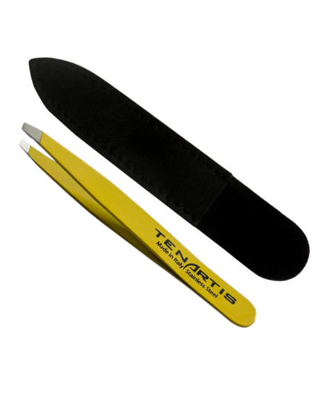 Pinza Profesional para Depilar Sesgada Inox Color PlasticFree con Funda de Piel Ecosostenible- Tenartis Made in Italy (Amarillo)
