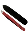 Pinza Profesional para Depilar Sesgada Inox Color PlasticFree con Funda de Piel Ecosostenible- Tenartis Made in Italy (Rojo)