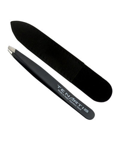 Pinza Profesional para Depilar Sesgada Inox Color PlasticFree con Funda de Piel Ecosostenible- Tenartis Made in Italy (Negro)