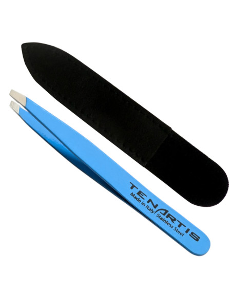 Slant Colored Stainless Steel Hair Tweezers PlasticFree with Eco-Friendly Leather Case - Tenartis Made in Italy (Blue)