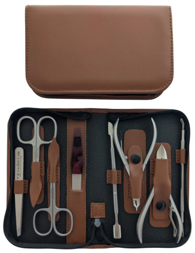 Set Manicura y Pedicura Profesional 8 Piezas Inox en Piel con Cremallera - Tenartis Made in Italy