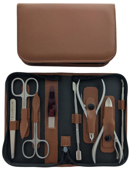 Set Manicura y Pedicura Profesional 8 Piezas Inox en Piel con Cremallera - Tenartis Made in Italy