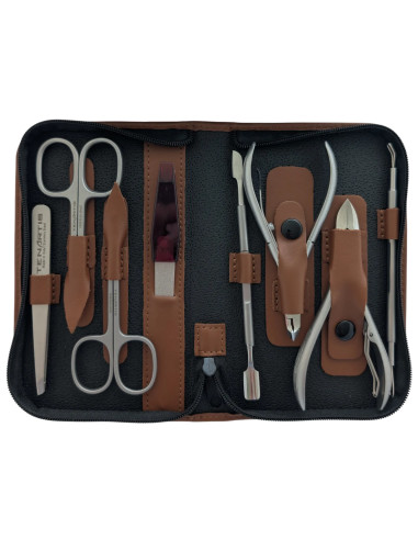 Set Manicura y Pedicura Profesional 8 Piezas Inox en Piel con Cremallera - Tenartis Made in Italy