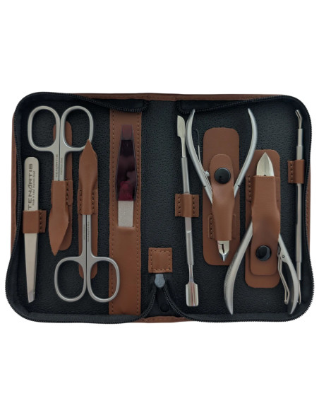 Set Manicura y Pedicura Profesional 8 Piezas Inox en Piel con Cremallera - Tenartis Made in Italy